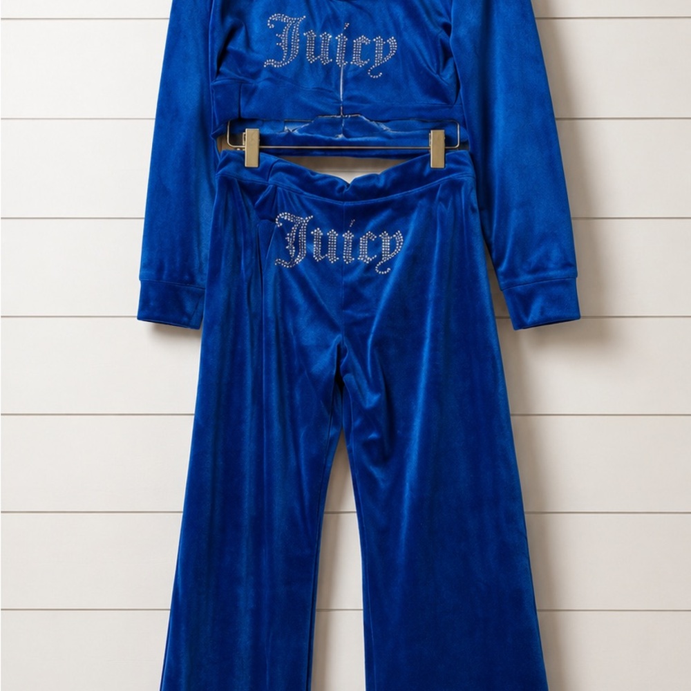 VINTAGE Juicy Couture Blue Velour Kids Pajama Set with Rhinestone Juicy Logo